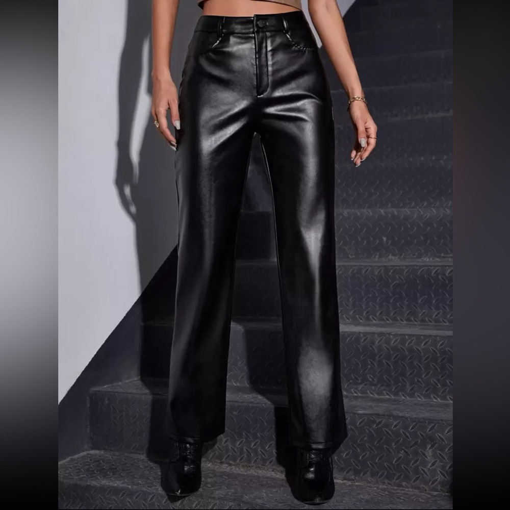 Black Faux Leather SHEIN Privé High Waist PU Straight Leg Pants never worn
